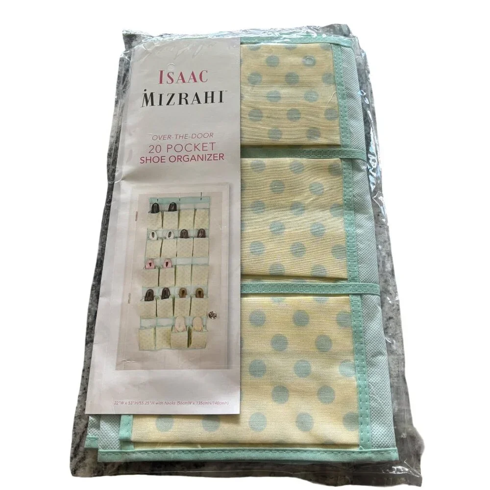 Isaac Mizzrahi Shoe Organizer & Medium Storage Box Beige w/ Green Polka Dots NEW